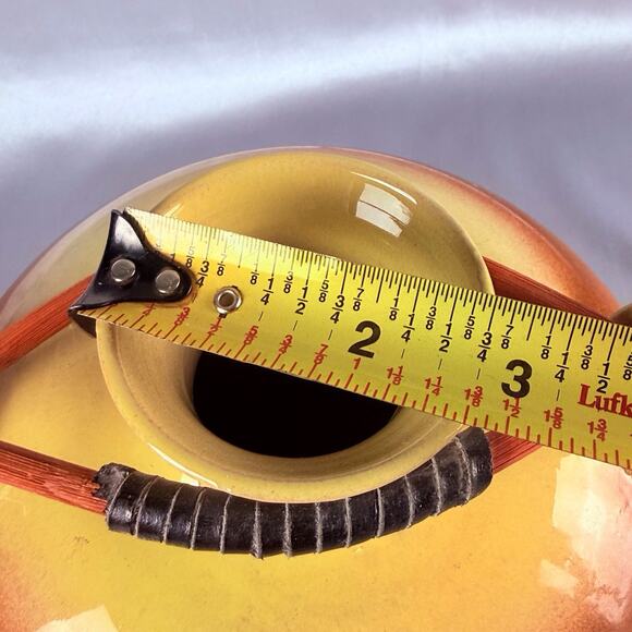 Large Art Pottery Vase Southwest Style MCM Yellow Orange Wood Handles 11” Signed - Picture 13 of 13